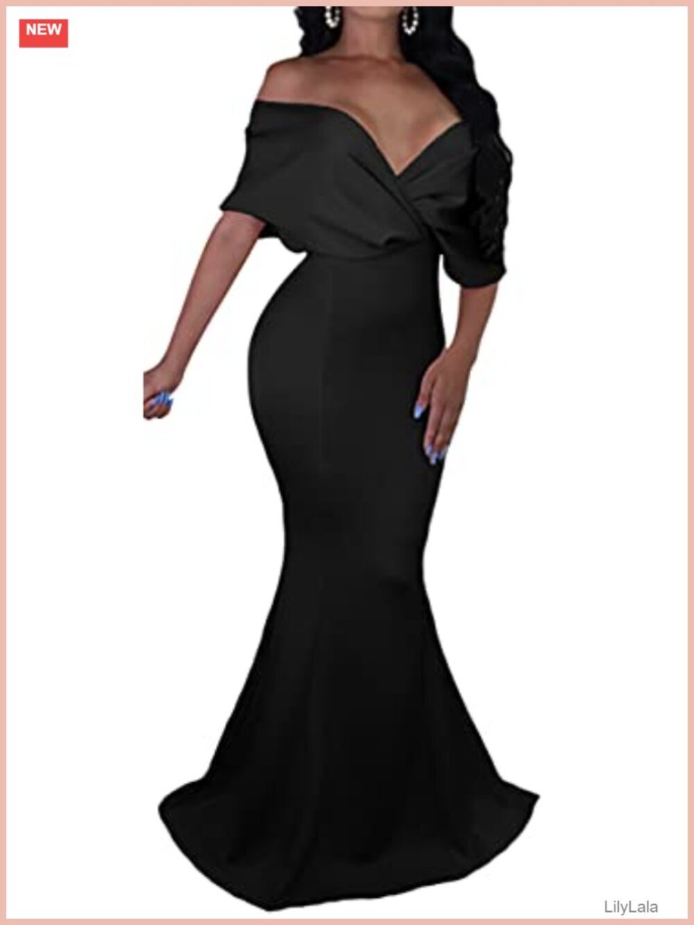 Women Off Shoulder V Neck Fishtail Maxi Evening Gown Formal Dress